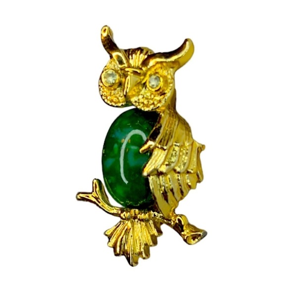 Gerry Jelly Belly Goldtone Owl Pin Faux Jade Owl Brooch Signed - Picture 4 of 6